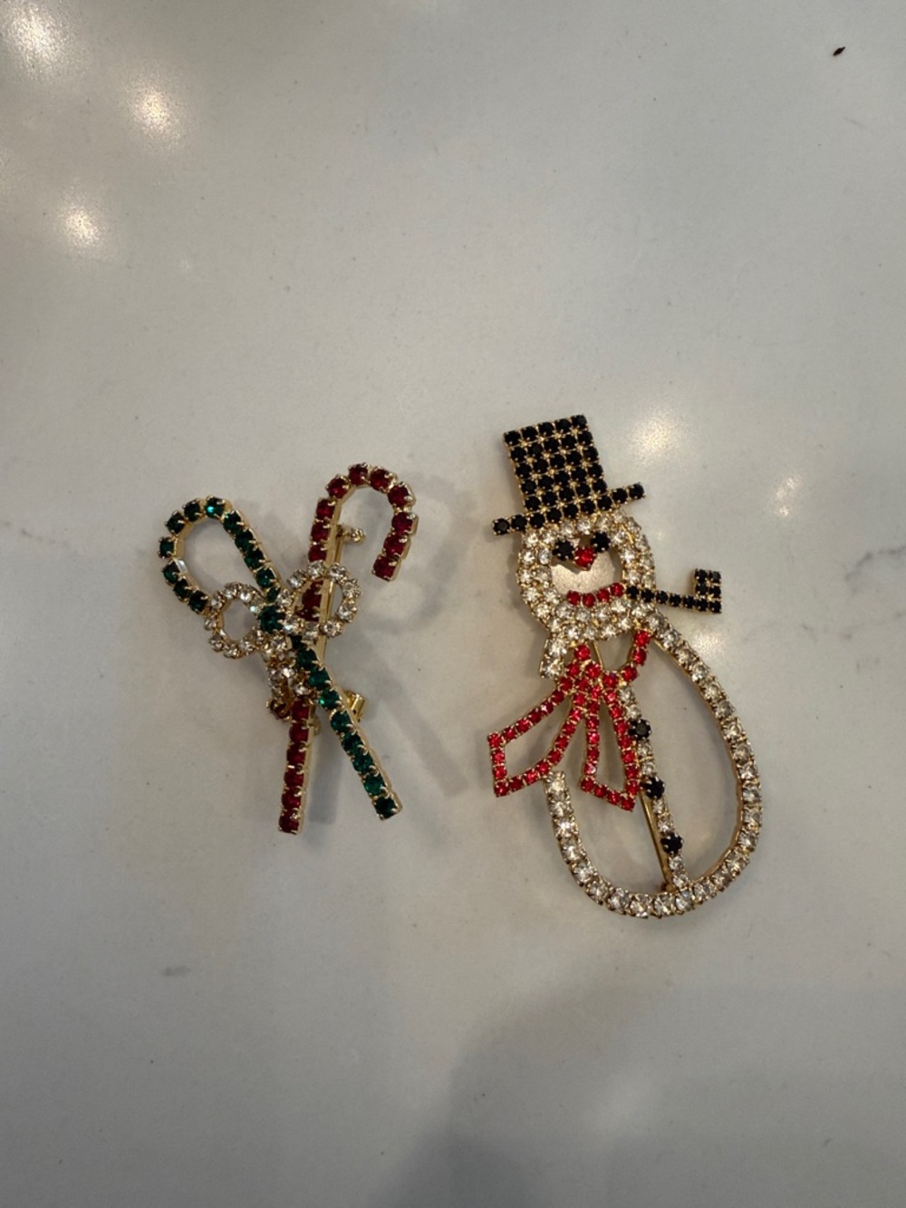 Rhinestone Snowman & Candy Cane Brooch Set - Red, Green, Black, Gold